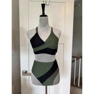 Blooming Jelly Womens Bikini Set Olive Green Black Colorblock High Waist Size M